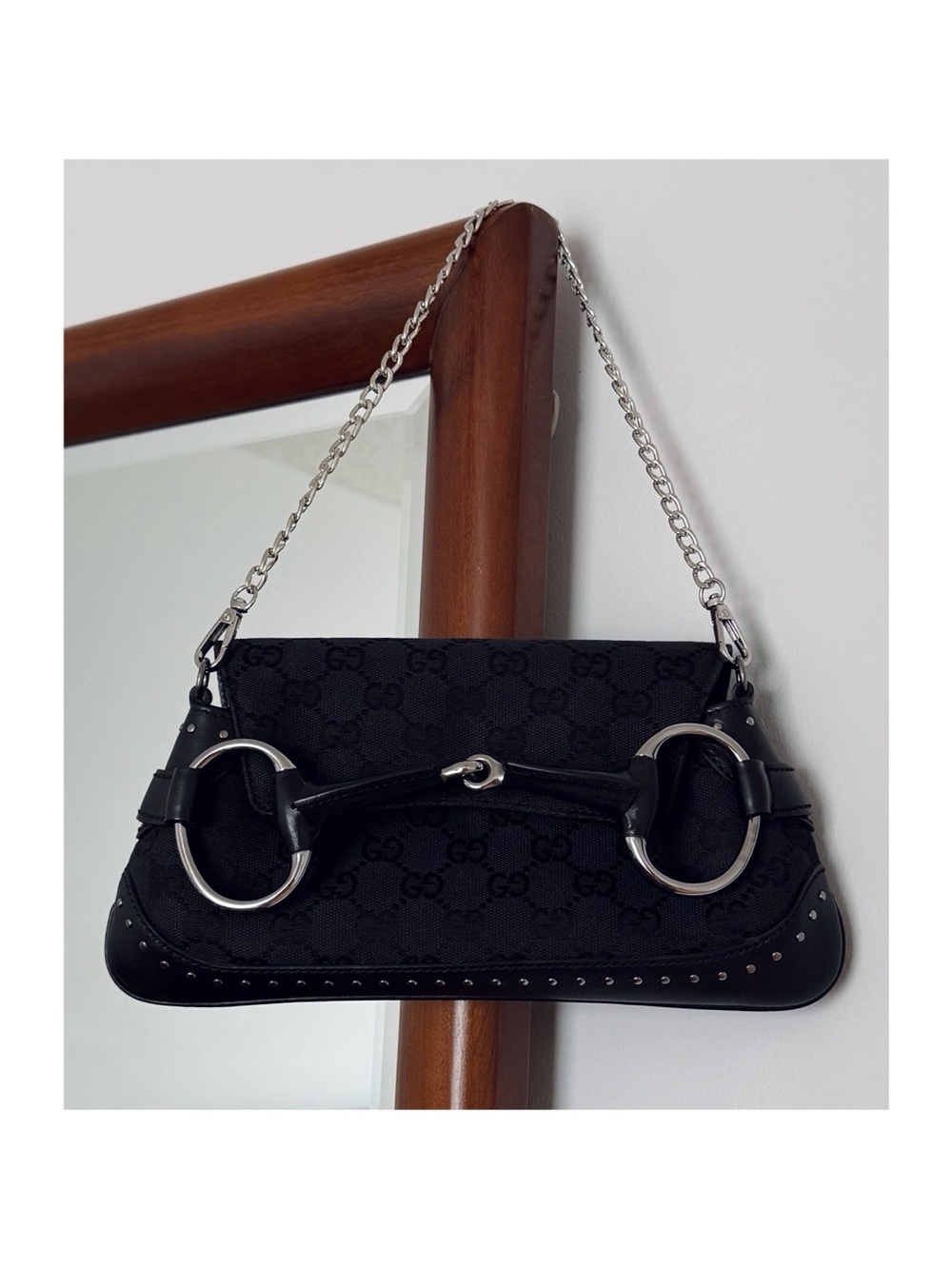 Authentic Gucci Tom Ford Horsebit Black Canvas Studs Leather Chain Clutch, COA - Picture 12 of 15